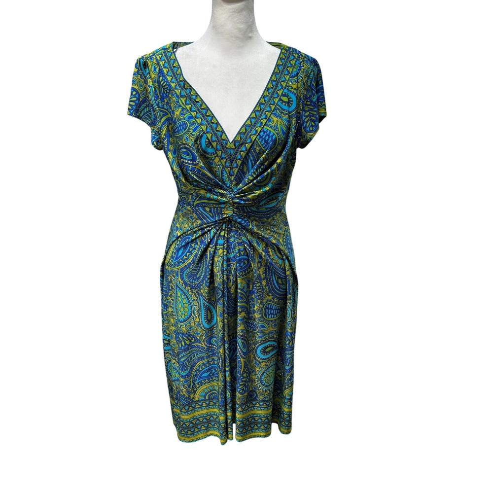 Muse Women Blue Green Paisley Twist Front V-Neck Sheath Dress Size 8 #1135